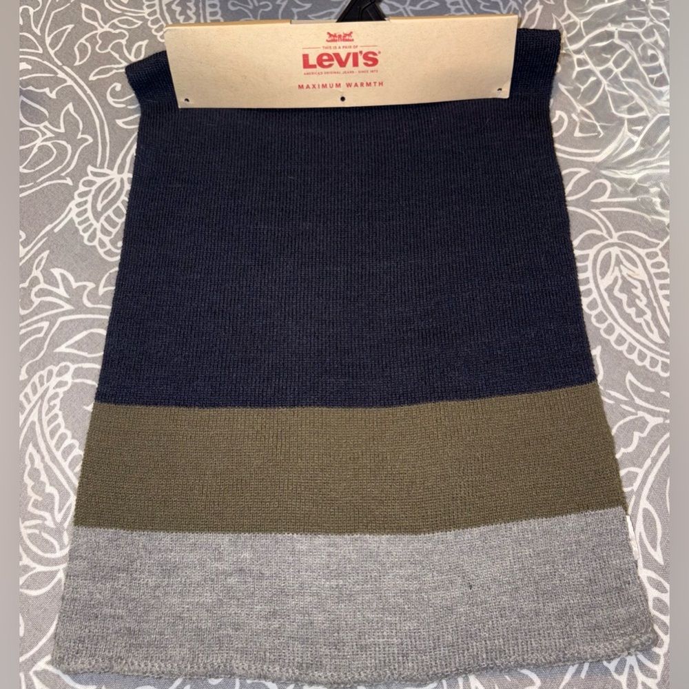 Levi’s Colorblock Knit‎ Scarf NWT Navy Olive Gray Acrylic One Size Warm